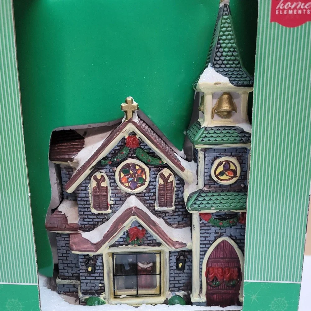 Home Elements Porcelain Lighted Village Church w/Window Scene Christmas Decor
